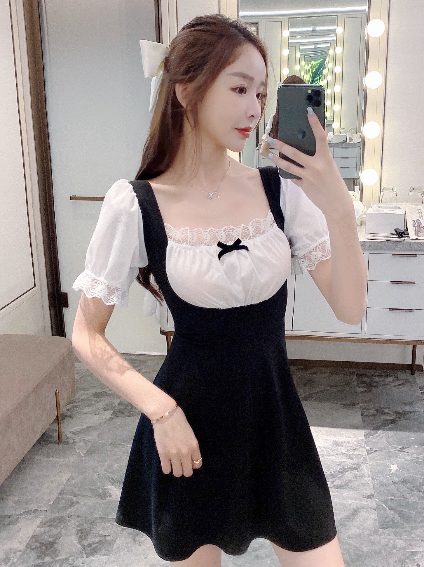 大摆甜美风ins假两件方领连衣裙