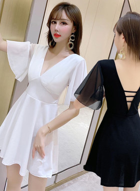 性感白色V领夜店酒吧遮肚连衣裙夏工作服夜女装总会显瘦低胸裙子