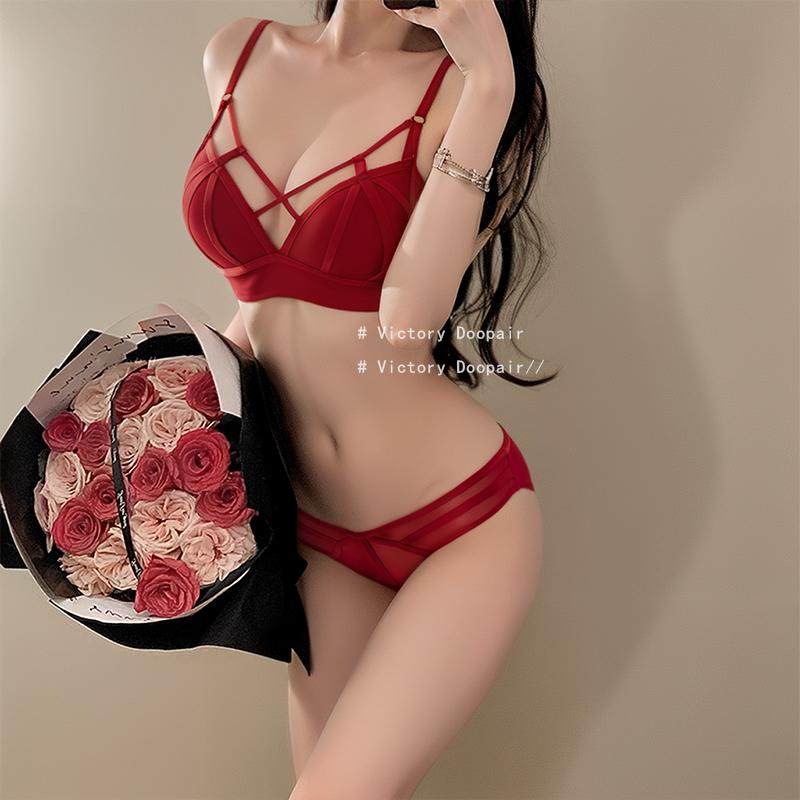 维多利亚多培尔性感红色内衣女士聚拢小胸结婚本命年纯欲文胸套装