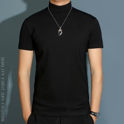 短袖t恤男弹力修身体恤黑色打底衫休闲纯棉半高领健身紧身半袖潮