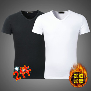 冬季 加厚保暖秋衣冬天棉半袖 男士 t恤V领纯色打底衫 加绒短袖 2件