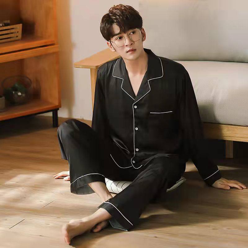 冰丝男士睡衣春夏秋季丝绸薄款长袖长裤加大码青少年家居服两件套