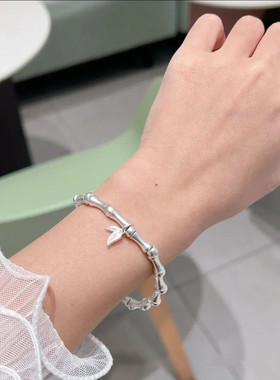 S999纯银竹节手链女传承古法磨砂手串刻字简约网红足银国潮首饰品