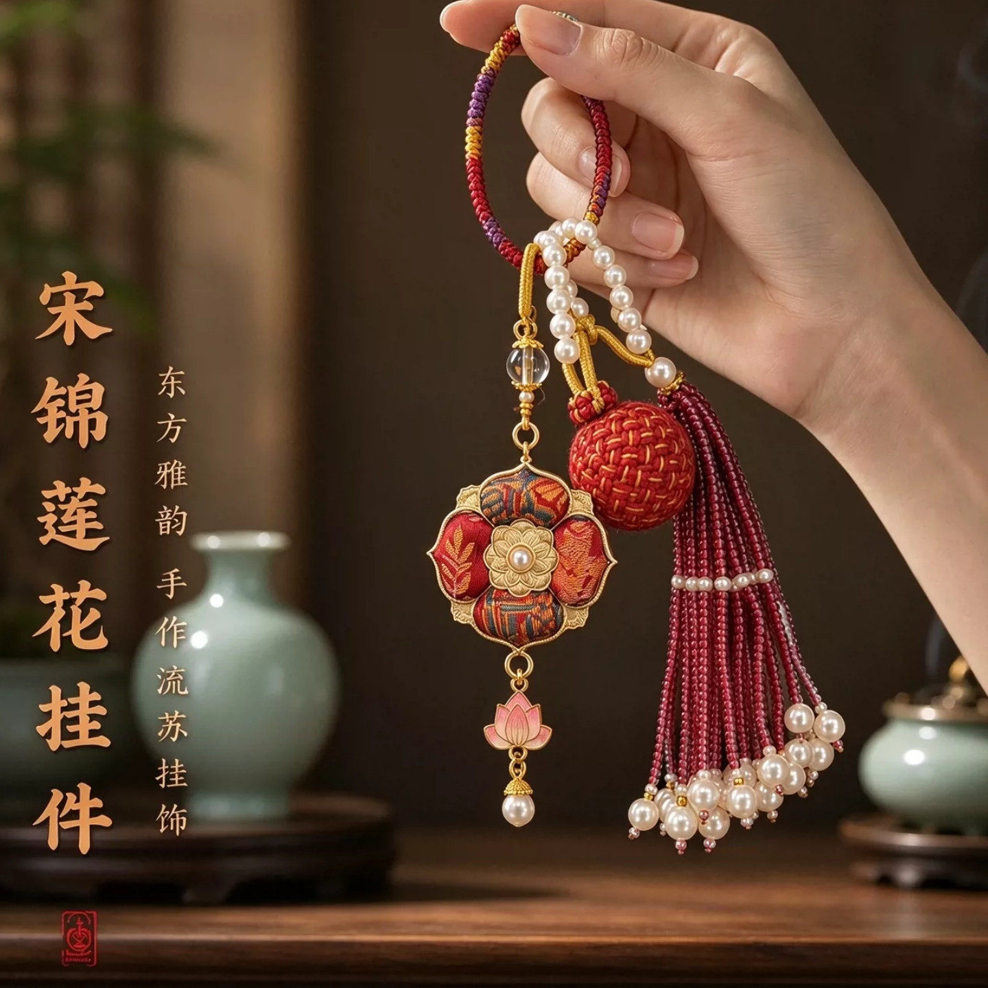花开圆满袋锁福运宋锦宝相花挂件