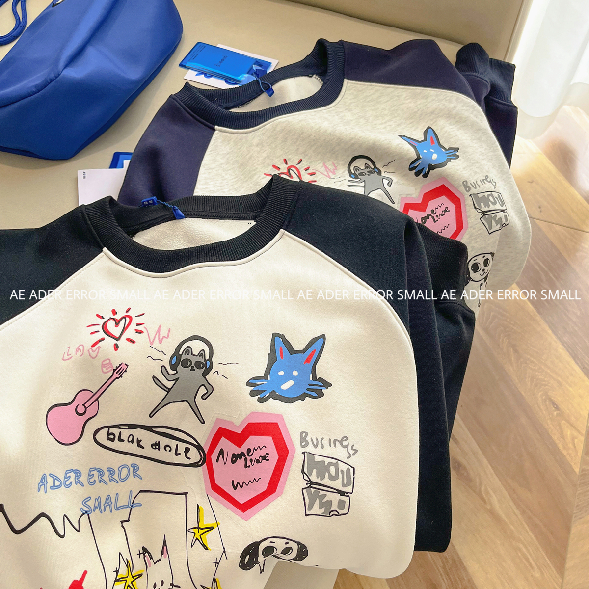 ader error small秋冬加绒新款卡通撞色字母宽松圆领加厚卫衣男女