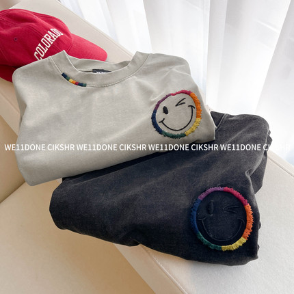 WE11DONE CIKSHR夏季炒雪花做旧笑脸短袖T恤男女同款半袖上衣潮牌