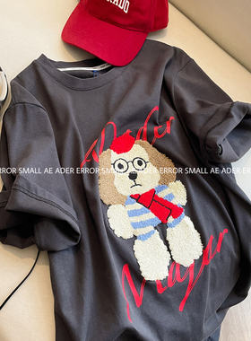 ader error small短袖T恤男女宽松休闲贴布小狗卡通圆领半袖上衣