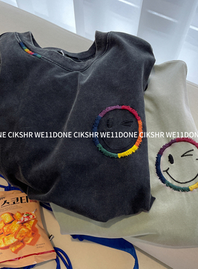 WE11DONE CIKSHR春季炒雪花做旧笑脸短袖T恤男女同款半袖上衣潮牌