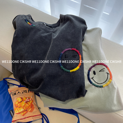 WE11DONE炒雪花做旧笑脸短袖T恤