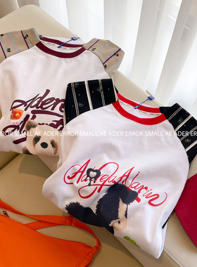ader error small长袖T恤女春季卡通条纹拼接宽松圆领打底衫上衣