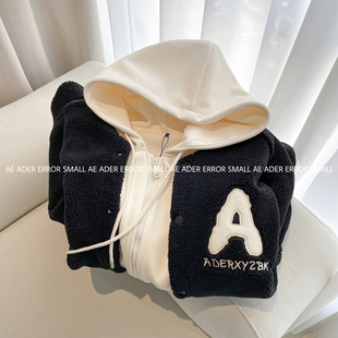 ader error small羊羔绒外套女冬季A字母宽松男女连帽上衣假两件