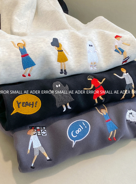 ader error small春秋新款设计感帽衫卡通刺绣情侣宽松连帽卫衣女