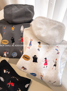 ader error small秋冬加绒卫衣卡通刺绣情侣宽松加厚连帽外套男女