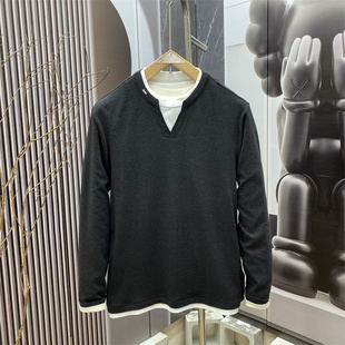 新款 长袖 美式 宽松休闲百搭时尚 上衣潮流 老钱风假两件卫衣男士 春季