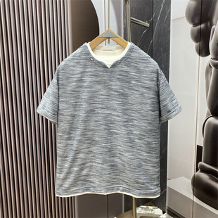 老钱风男士 美式 短袖 T恤时尚 上衣 夏季 百搭假两件宽松休闲半袖 新款