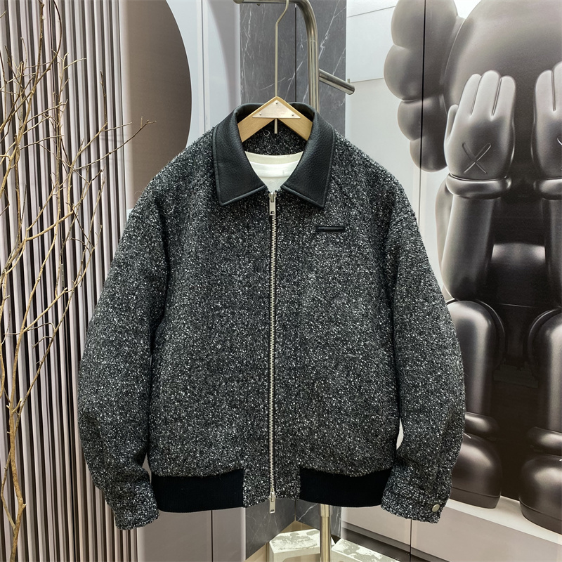 冬季新款美式翻领羽绒服男宽松时尚纯色棉羊毛拼接保暖羽绒外套潮