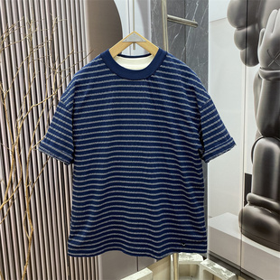 新款 纯棉半袖 美式 T恤男宽松时尚 潮牌上衣 复古条纹风圆领短袖 夏季