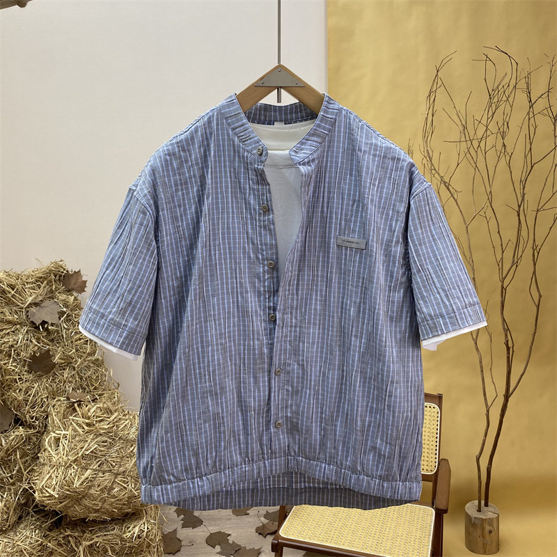 夏季新品日系复古立领条纹假两件衬衫男士休闲宽松透气衬衣外套潮