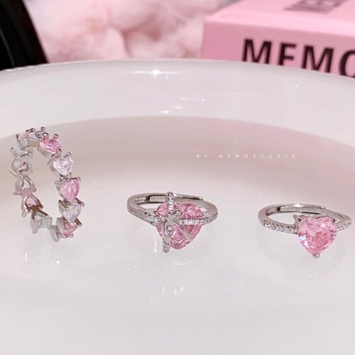 甜妹粉钻爱心蝴蝶结开口戒镀银