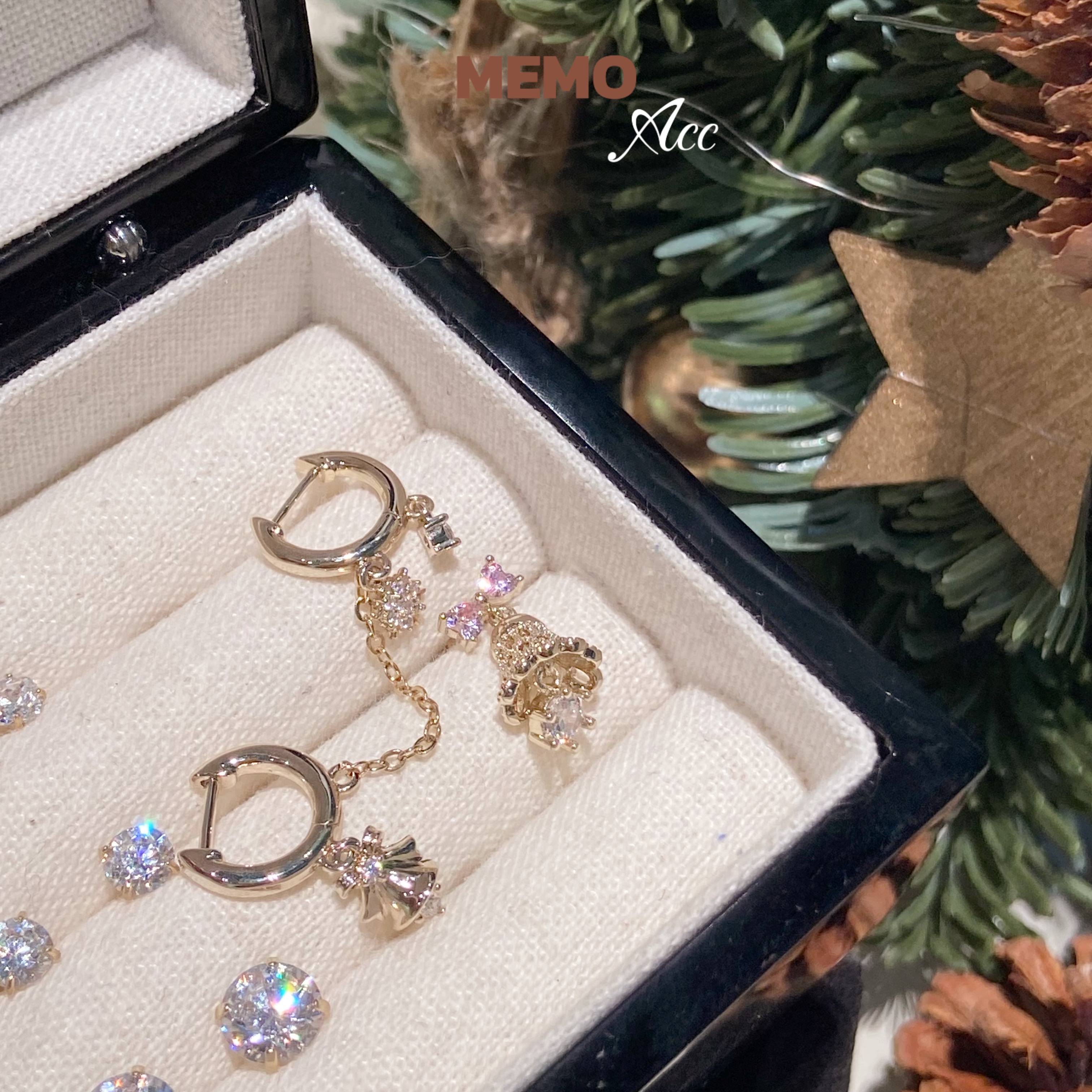 【MEMO】雪花铃铛 圣诞双耳洞咖金粉钻设计感耳圈DS159