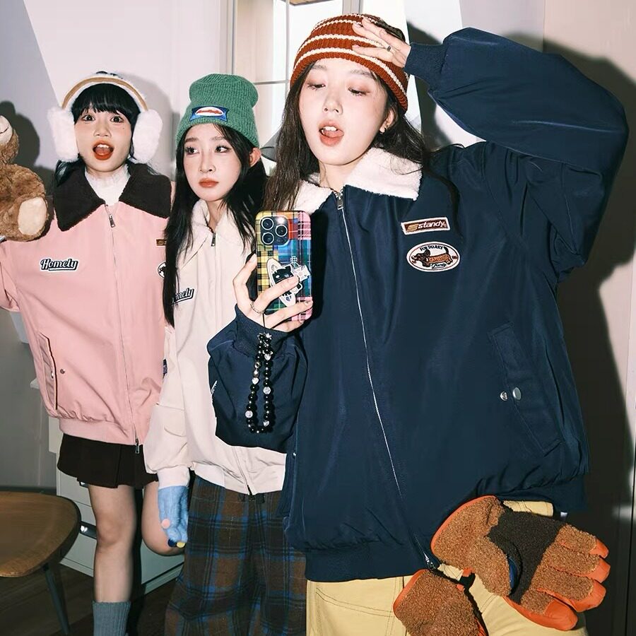 羊羔绒外套毛领棉袄冬情侣棒球棉服女潮牌保暖棉衣