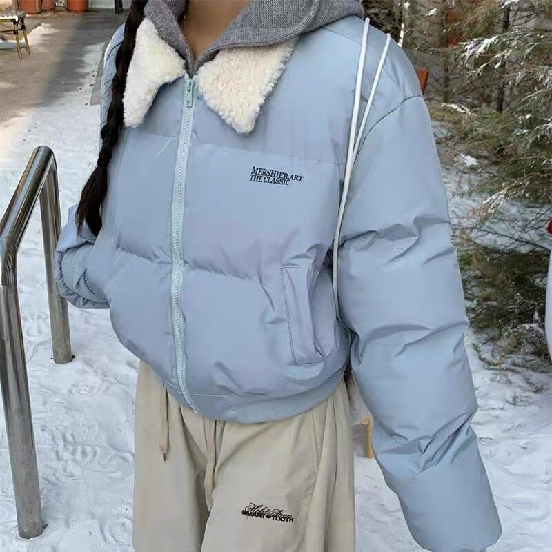 2026复古毛领短款蓝色棉服外套女冬季百搭面包服休闲棉衣棉袄