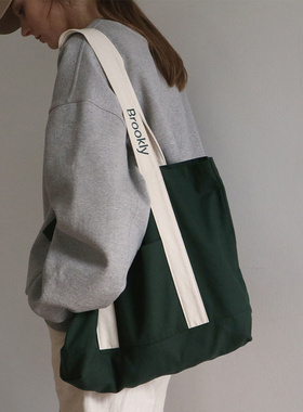 韩国brookly正品代购日韩简约森系深绿色慵懒风帆布包单肩包男女