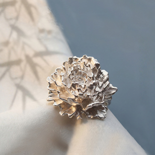 s999足银牡丹花大戒指女款中式复古浮雕立体花朵开口可调节食指戒