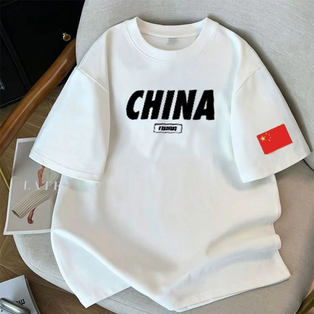 100%重磅纯棉中大童短袖T恤男女潮流国旗印花宽松青少年半袖上衣