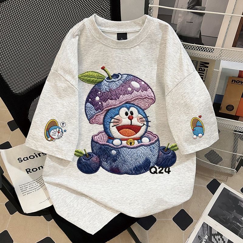 儿童潮流卡通刺绣哆啦A梦印花短袖T恤女童夏季日常宽松休闲上衣