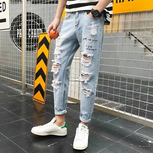 破洞牛仔裤男宽松潮直筒ulzzang九分裤夏季韩版潮流男生9分乞丐裤