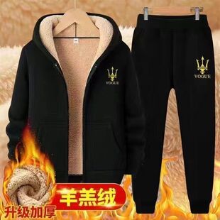 男2023宽松开衫 连帽外套休闲加绒加厚两件套 羊羔绒运动套装 秋冬季