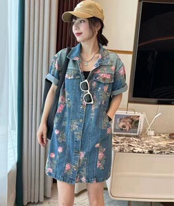 印花牛仔连衣裙女欧洲站2023年夏季新款复古宽松显瘦直筒衬衫短裙
