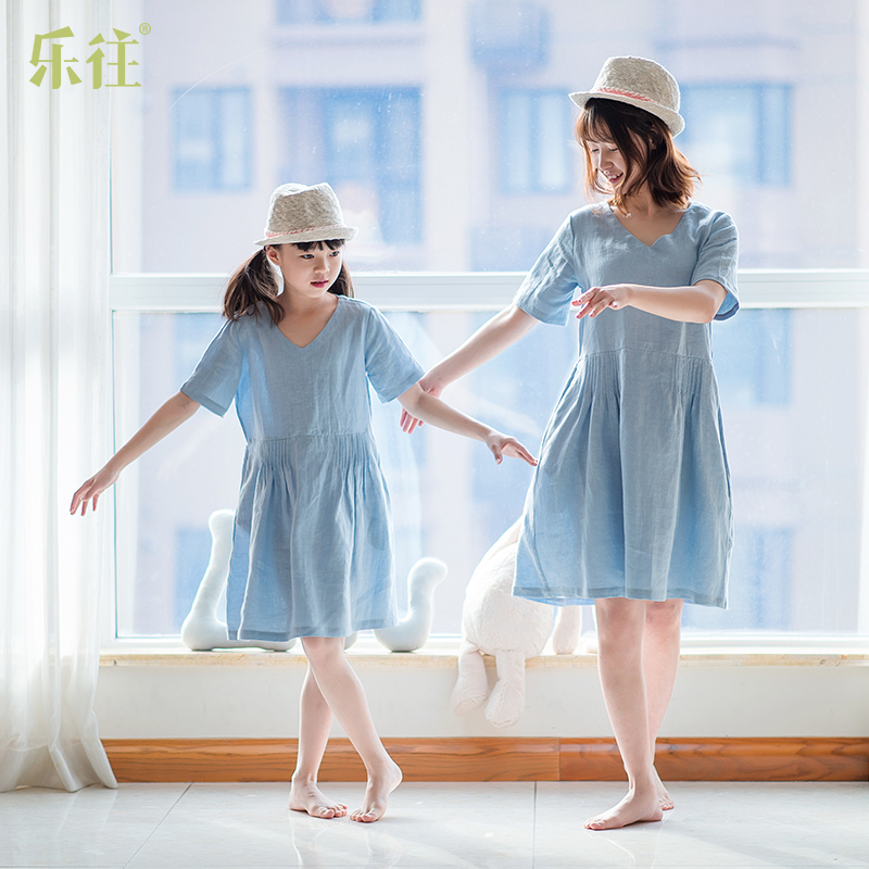 亚麻文艺海边度假休闲母女连衣裙
