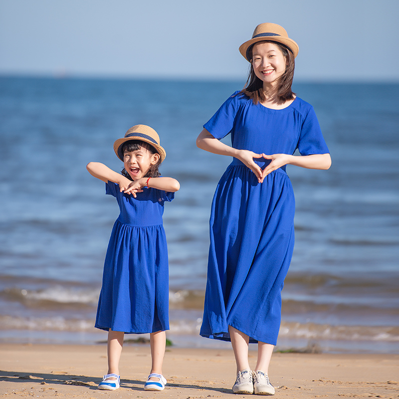 小乐往原创亲子装124课夏蓝色高腰长裙母女装海边度假拍照连衣裙8