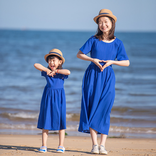 小乐往亲子装 海边度假拍照连衣裙 夏蓝色文艺清新女童母女装 124课