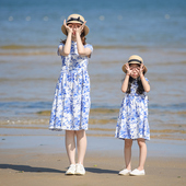 小乐往原创亲子装 连衣裙 国风度假印花母女贝壳袖 142课 夏女童中式