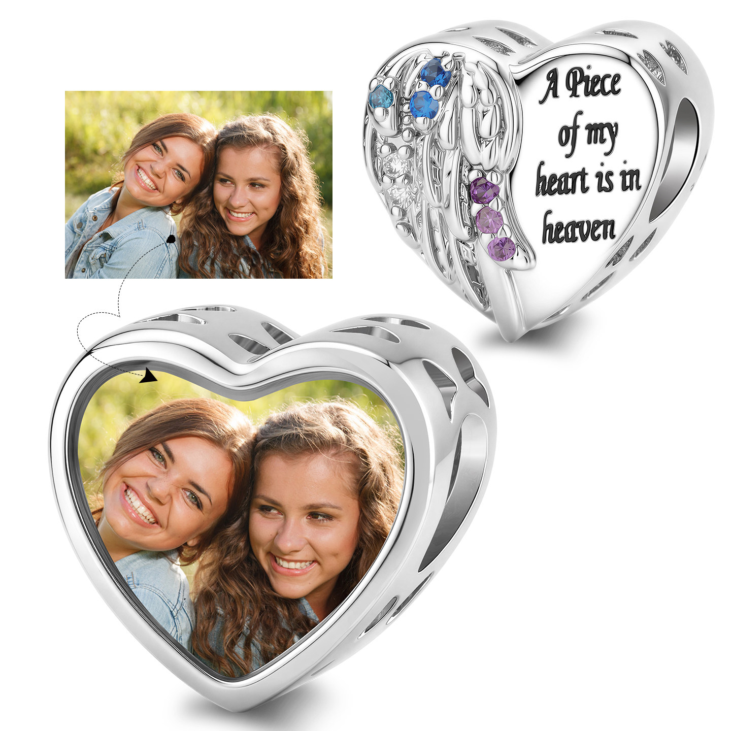 S925银天使翅膀爱心照片定制散珠子刻字DIY手链配饰 亲人纪念礼物