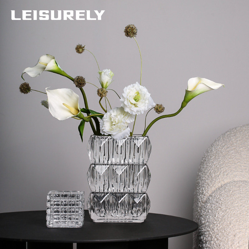 leisurely家居红色轻奢几何水培透明玻璃花瓶客厅家居软装花器摆