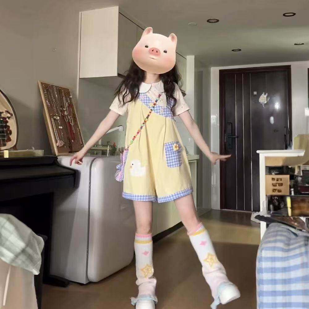 女宝宝童装格纹拼接背带裤夏装中大童夏季新款娃娃领小衫两件套装,童装/婴儿装/亲子装,套装,淘宝优惠券,粉丝福利购,淘宝优惠卷