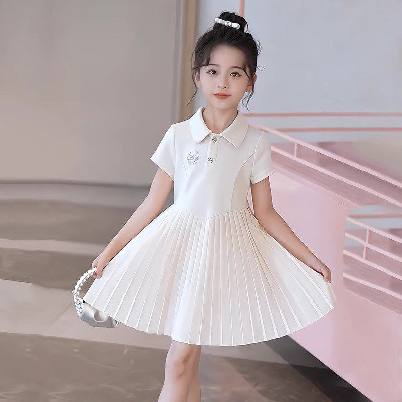 女童夏季纯色连衣裙中大童百搭polo领短袖A字裙学院风时髦公主裙