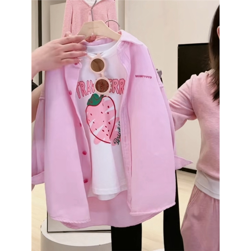 女童牛仔外套2025春装新款小女孩韩版中长款上衣粉色翻领衬衫春秋