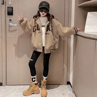 女童秋冬款外套2025新款羊羔毛绒春秋款卫衣儿童加绒加厚大童棉服
