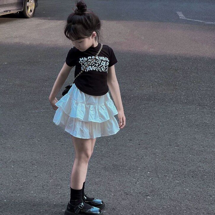 女童时髦套装裙夏季洋气中大童女孩可爱风短袖T恤蛋糕裙两件套潮