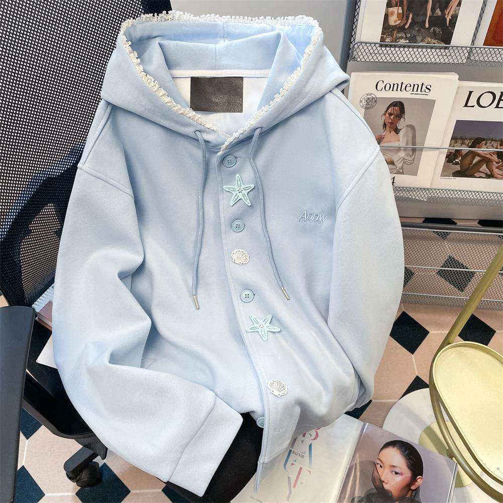 女童韩系蕾丝边连帽卫衣慵懒风春秋青少年儿童奶蓝色纽扣开衫外套,童装/婴儿装/亲子装,普通外套,淘宝优惠券,粉丝福利购,淘宝优惠卷