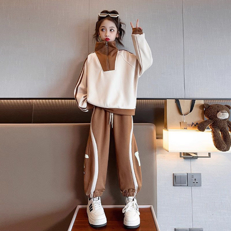女童运动套装春秋冬季韩版中大童加绒加厚拉链立领卫衣卫裤两件套