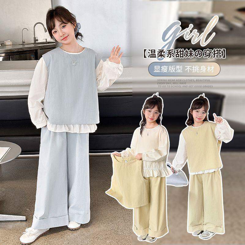 女童2025春秋新款甜美时尚花边马甲三件套女孩中大儿童阔腿裤套装