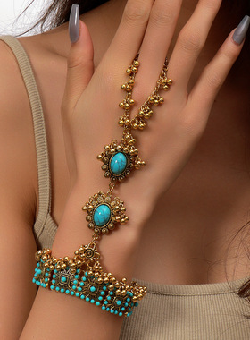 民族风绿松石珠子流苏连指手链女