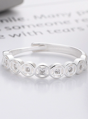 s925纯银镶钻铜钱币戒指女生