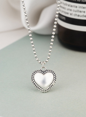 纯银流苏边爱心形圆珠银项链女生